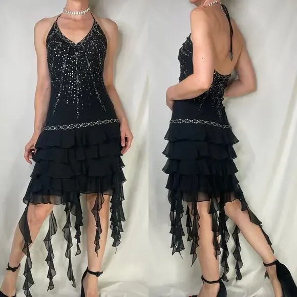 Sue Wong beaded sequin rosette halter silk prom dress fairy cocktail  Nocturne 4 - www.joarbit.com